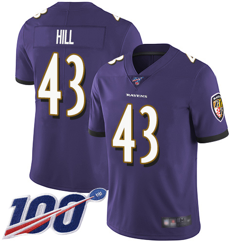Baltimore Ravens Limited Purple Men Justice Hill Home Jersey NFL Football 43 100th Season Vapor Untouchable